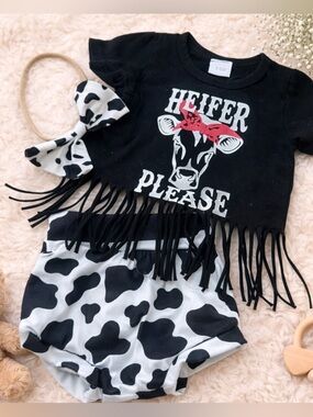 3-6M Baby Girl Cow 3 Piece Outfit, 95% Cotton, Heifer Please Outfit